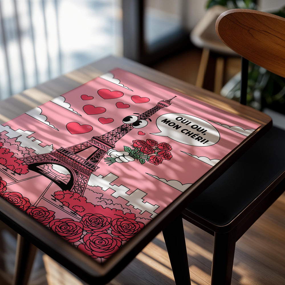 Cartoon Eiffel Tower with heart eyes and roses on a pink background with hearts and 'Oui Oui, Mon Cheri!' text, as a premium aluminum metal print from GoMetalPrint.
