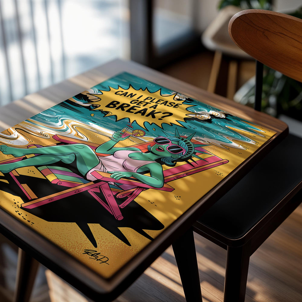 Cartoon character relaxing on a beach chair with a drink, asking 'Can I please get a break?', as a premium aluminum metal print from GoMetalPrint.
