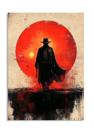 Silhouette of a person in a hat and coat against a red sun on a textured background, as a premium aluminum metal print from GoMetalPrint.
