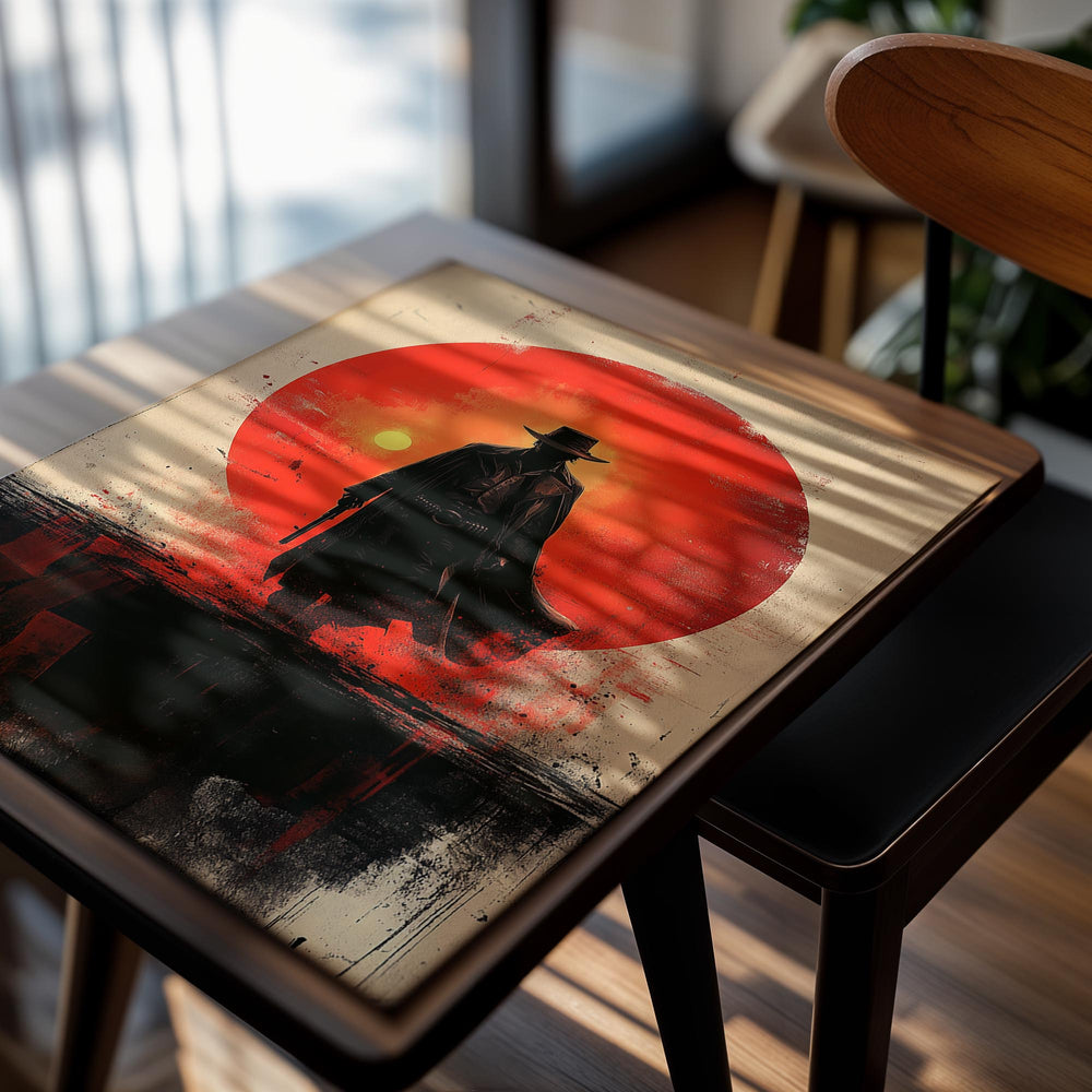 Silhouette of a person in a hat and coat against a red sun on a textured background, as a premium aluminum metal print from GoMetalPrint.
