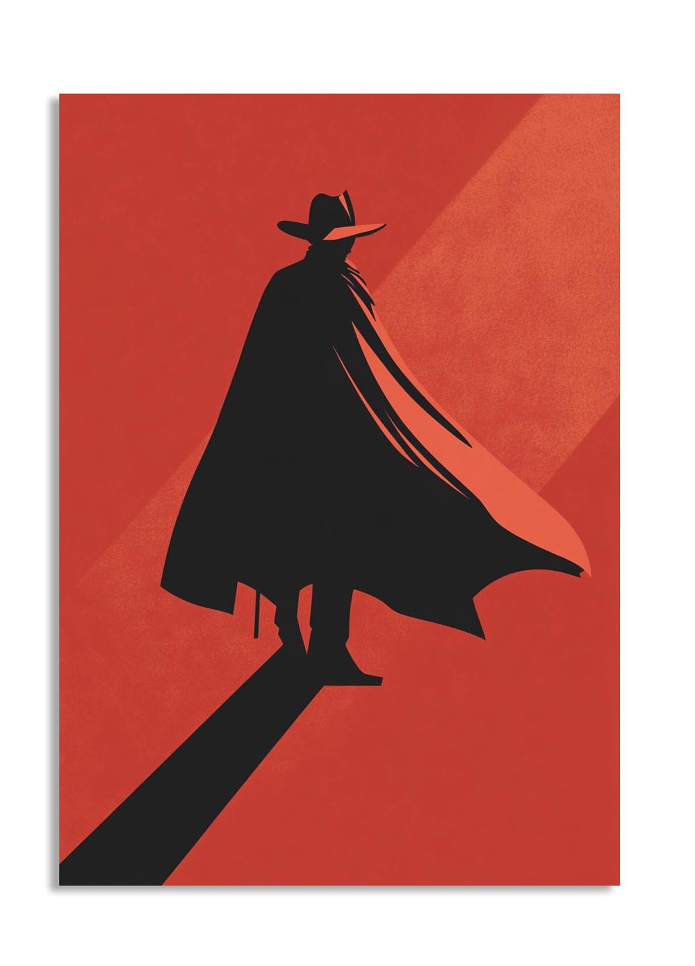 Silhouette of a person in a cape and hat on a red background, as a premium aluminum metal print from GoMetalPrint.
