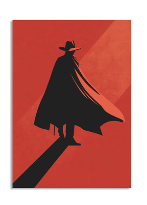 Silhouette of a person in a cape and hat on a red background, as a premium aluminum metal print from GoMetalPrint.
