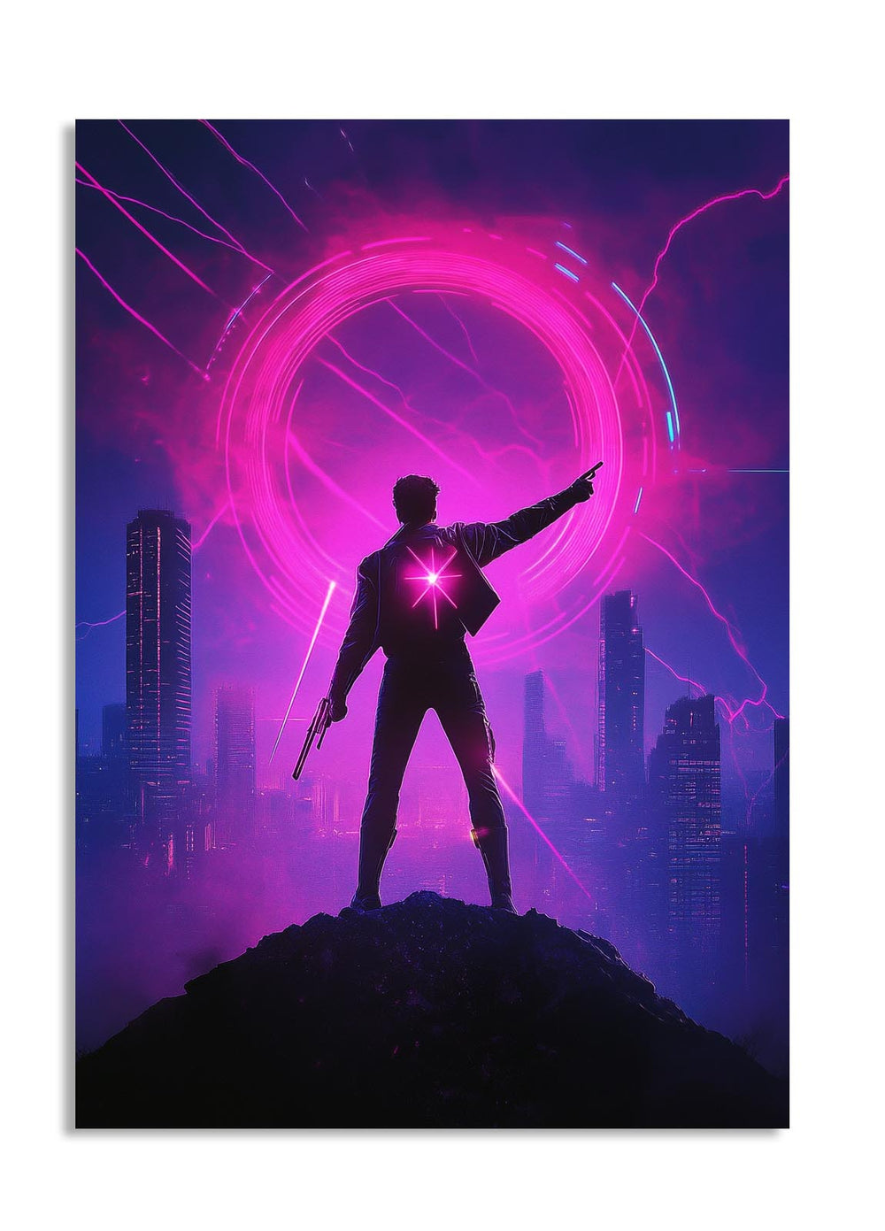 Futuristic cityscape with a person pointing at a glowing pink circle, as a premium aluminum metal print from GoMetalPrint.
