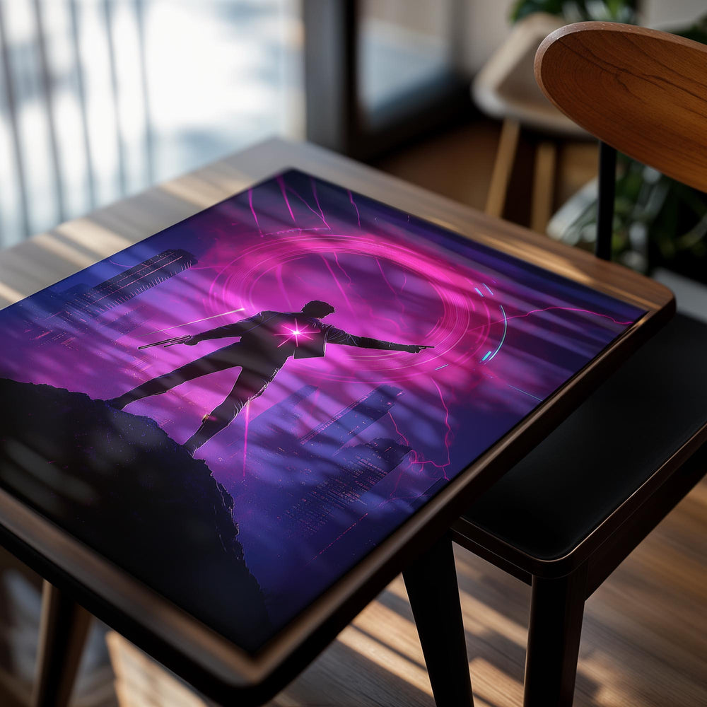 Futuristic cityscape with a person pointing at a glowing pink circle, as a premium aluminum metal print from GoMetalPrint.
