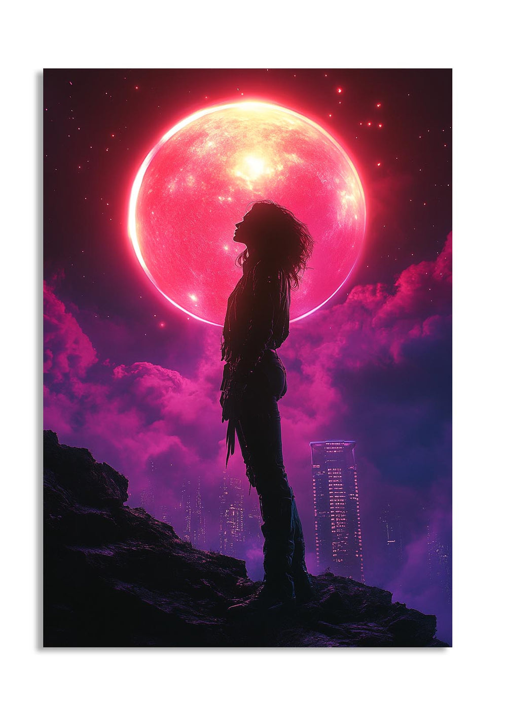 Silhouette of a person against a vibrant, futuristic sky with a large pink moon, as a premium aluminum metal print from GoMetalPrint.
