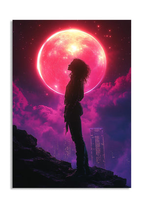 Silhouette of a person against a vibrant, futuristic sky with a large pink moon, as a premium aluminum metal print from GoMetalPrint.

