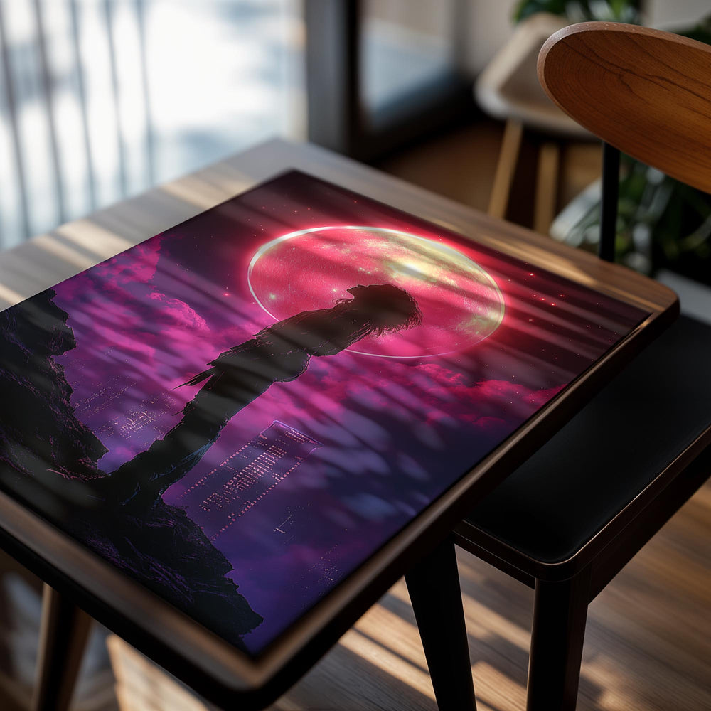 Silhouette of a person against a vibrant, futuristic sky with a large pink moon, as a premium aluminum metal print from GoMetalPrint.
