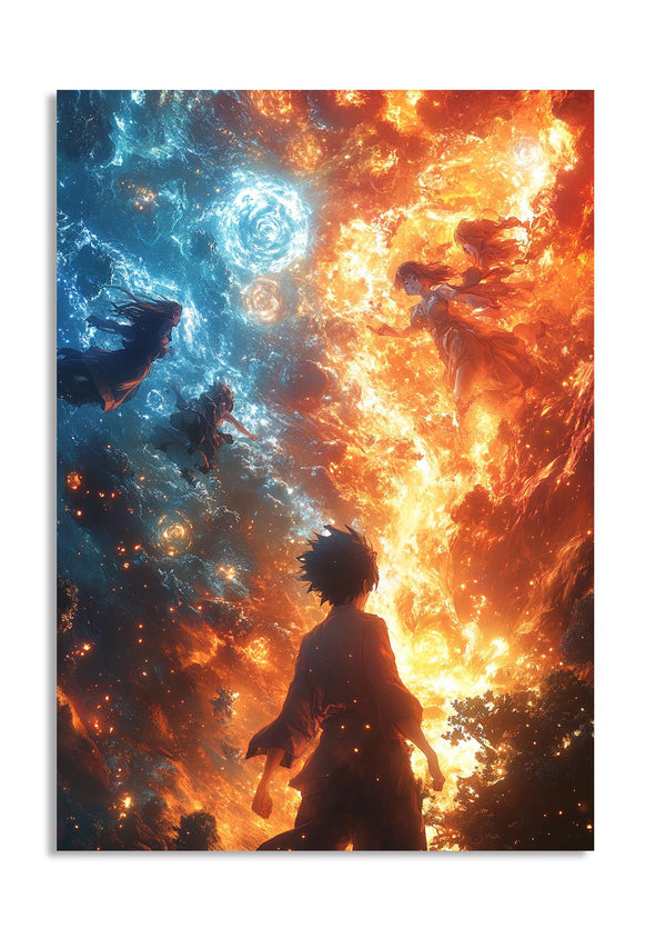 Two opposing forces depicted with blue and orange energy forms, featuring a silhouette of a person in the center, as a premium aluminum metal print from GoMetalPrint.
