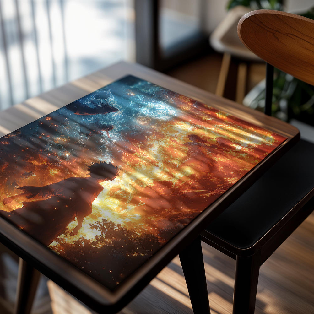 Two opposing forces depicted with blue and orange energy forms, featuring a silhouette of a person in the center, as a premium aluminum metal print from GoMetalPrint.
