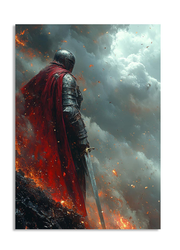 Sword-wielding warrior in armor with a red cape against a stormy sky, as a premium aluminum metal print from GoMetalPrint.
