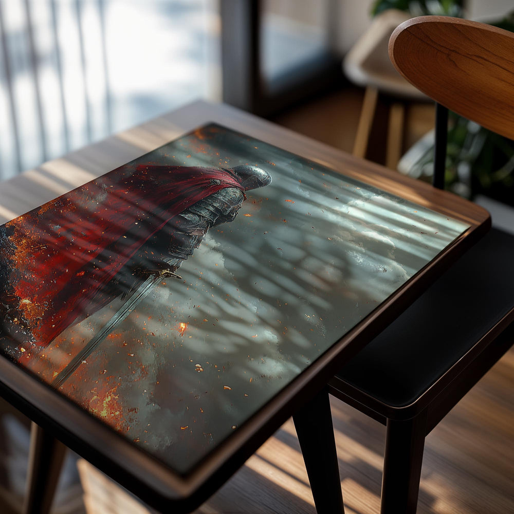 Sword-wielding warrior in armor with a red cape against a stormy sky, as a premium aluminum metal print from GoMetalPrint.
