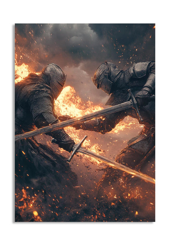 Two knights in armor clashing swords amidst a fiery background, as a premium aluminum metal print from GoMetalPrint.
