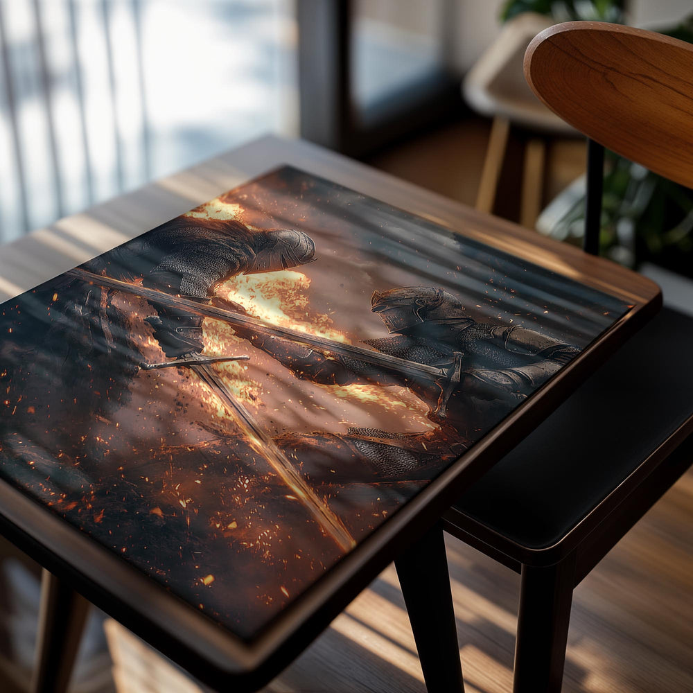 Two knights in armor clashing swords amidst a fiery background, as a premium aluminum metal print from GoMetalPrint.
