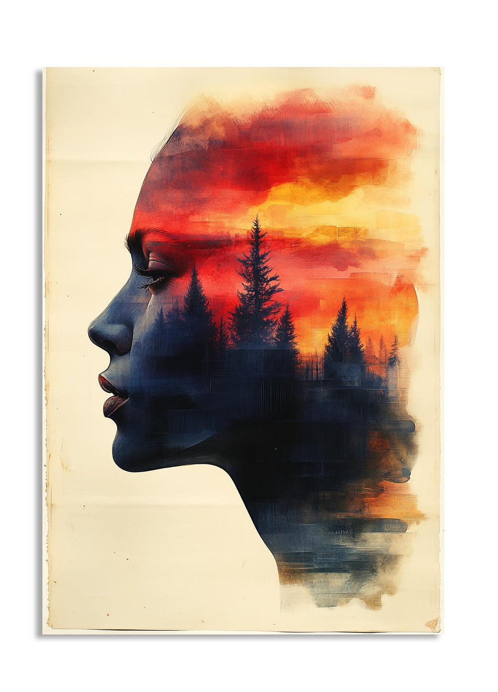 Artistic depiction of a silhouette with a sunset and forest overlay on a textured background, as a premium aluminum metal print from GoMetalPrint.
