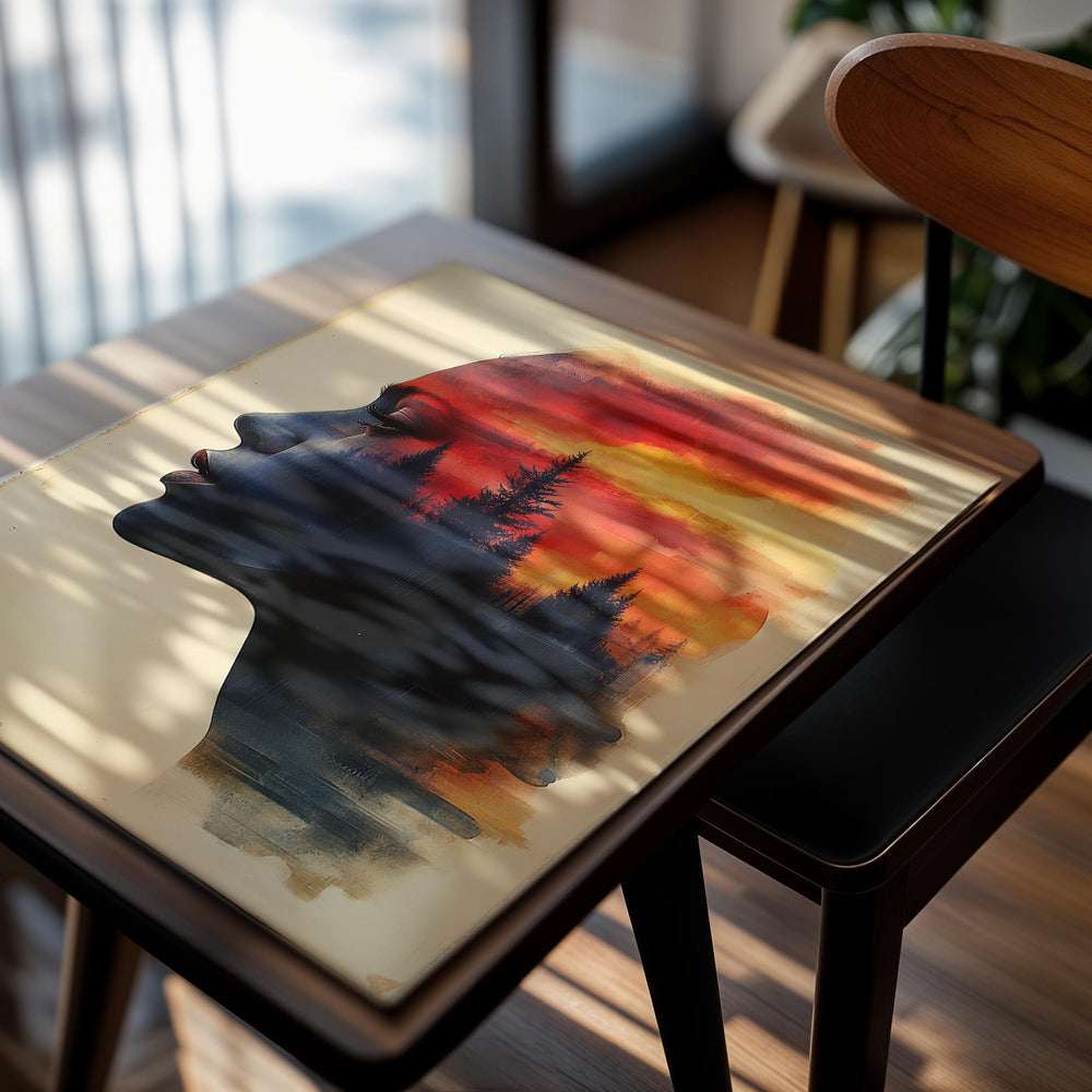 Artistic depiction of a silhouette with a sunset and forest overlay on a textured background, as a premium aluminum metal print from GoMetalPrint.
