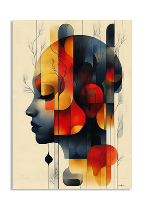 Abstract art piece with a stylized face design on a beige background, as a premium aluminum metal print from GoMetalPrint.
