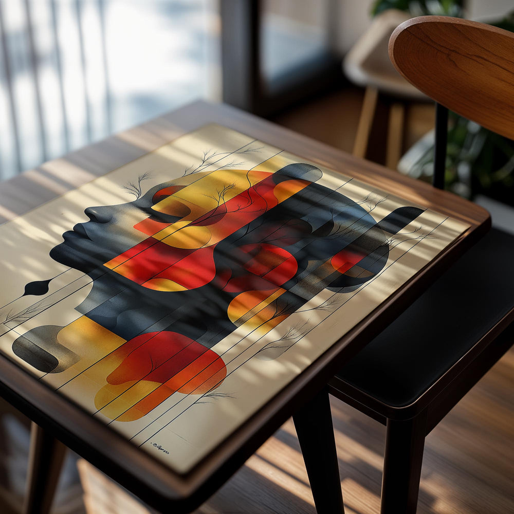 Abstract art piece with a stylized face design on a beige background, as a premium aluminum metal print from GoMetalPrint.
