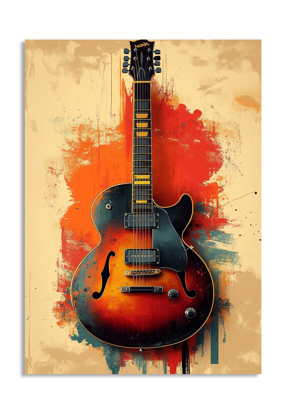 Guitar painting with abstract red and blue splashes on a beige background, as a premium aluminum metal print from GoMetalPrint.
