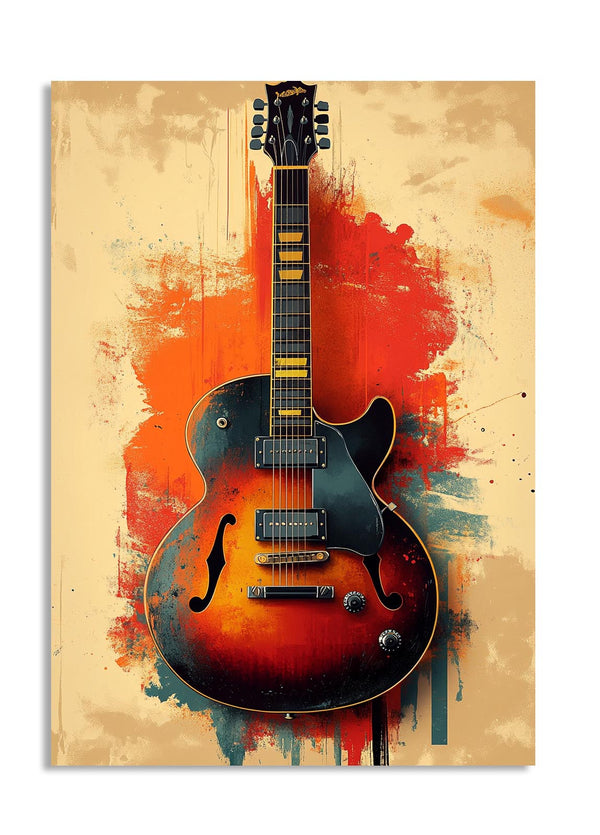 Guitar painting with abstract red and blue splashes on a beige background, as a premium aluminum metal print from GoMetalPrint.
