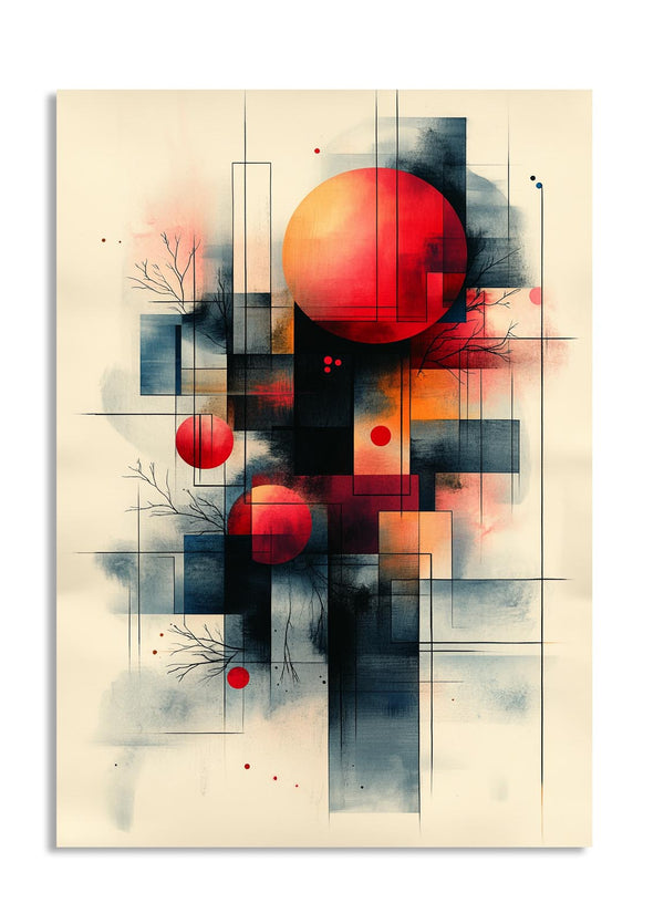 Abstract art piece with red circles and geometric shapes on a beige background, as a premium aluminum metal print from GoMetalPrint.
