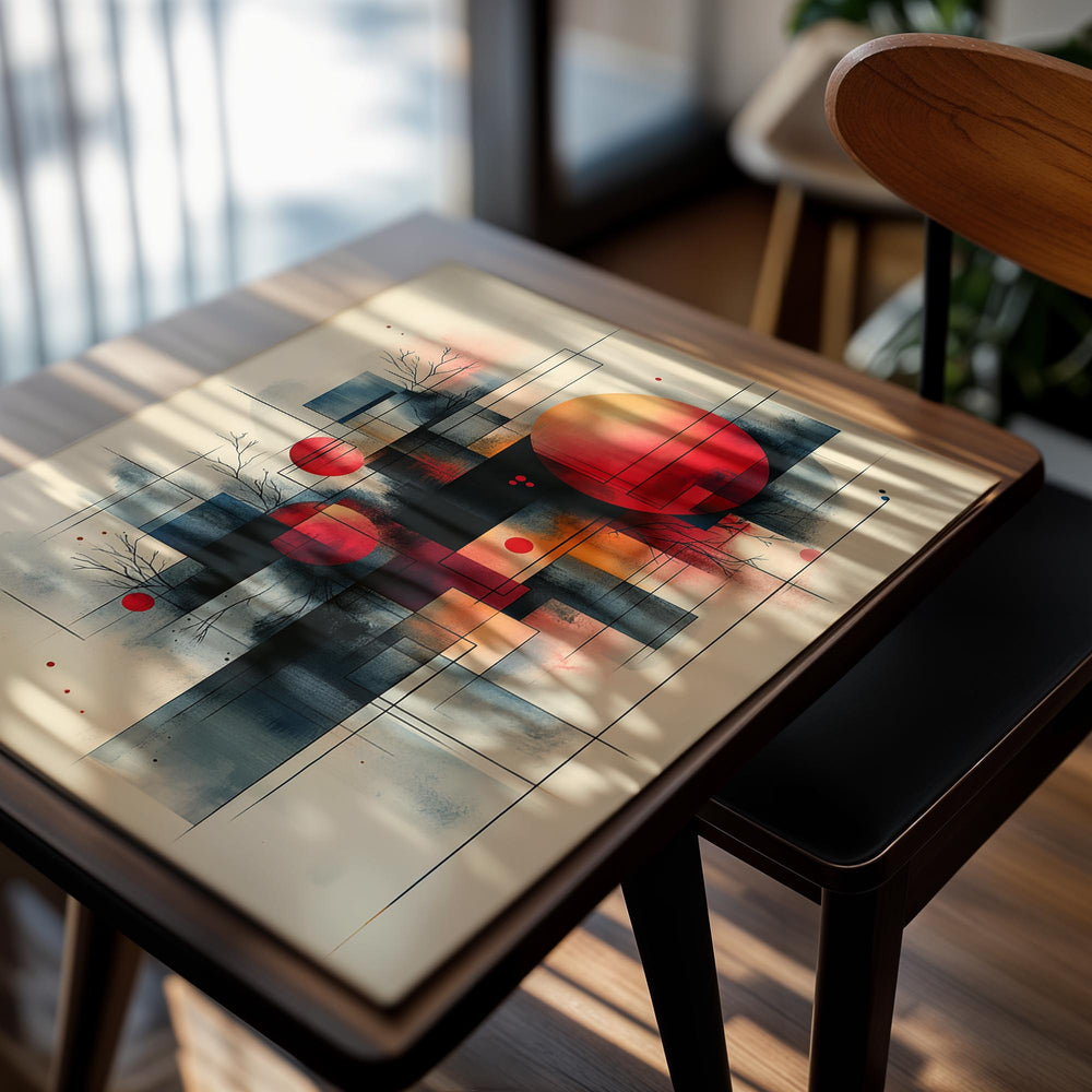 Abstract art piece with red circles and geometric shapes on a beige background, as a premium aluminum metal print from GoMetalPrint.
