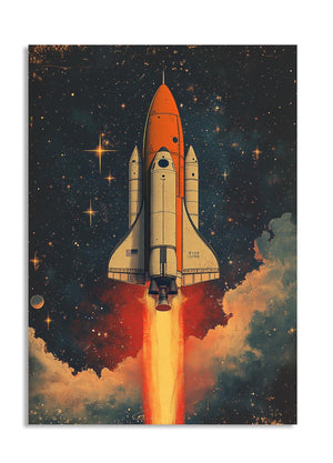 Space shuttle launching into space with stars and planets in the background, as a premium aluminum metal print from GoMetalPrint.
