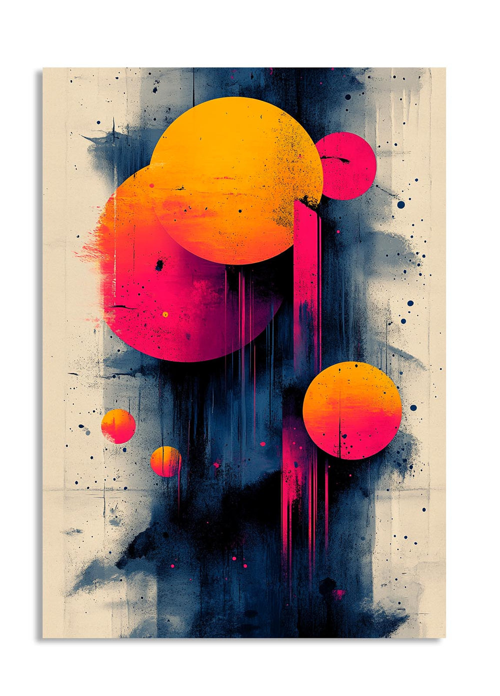 Abstract art print with colorful circles on a textured background, as a premium aluminum metal print from GoMetalPrint.
