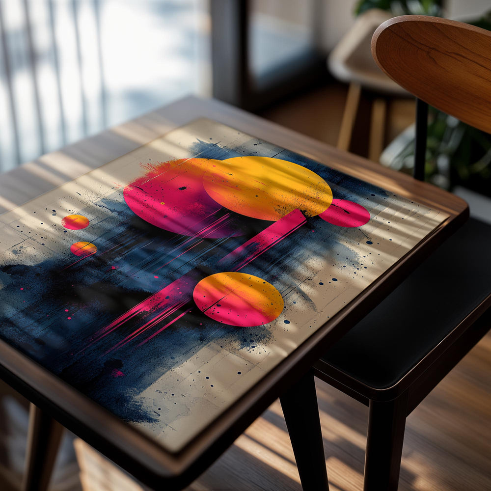 Abstract art print with colorful circles on a textured background, as a premium aluminum metal print from GoMetalPrint.
