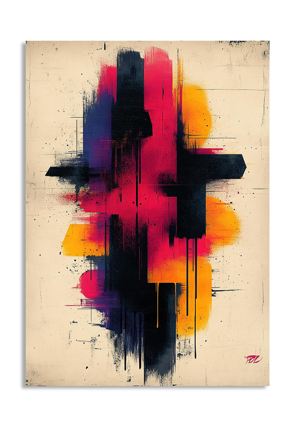 Abstract art print with colorful splashes on a beige background, as a premium aluminum metal print from GoMetalPrint.
