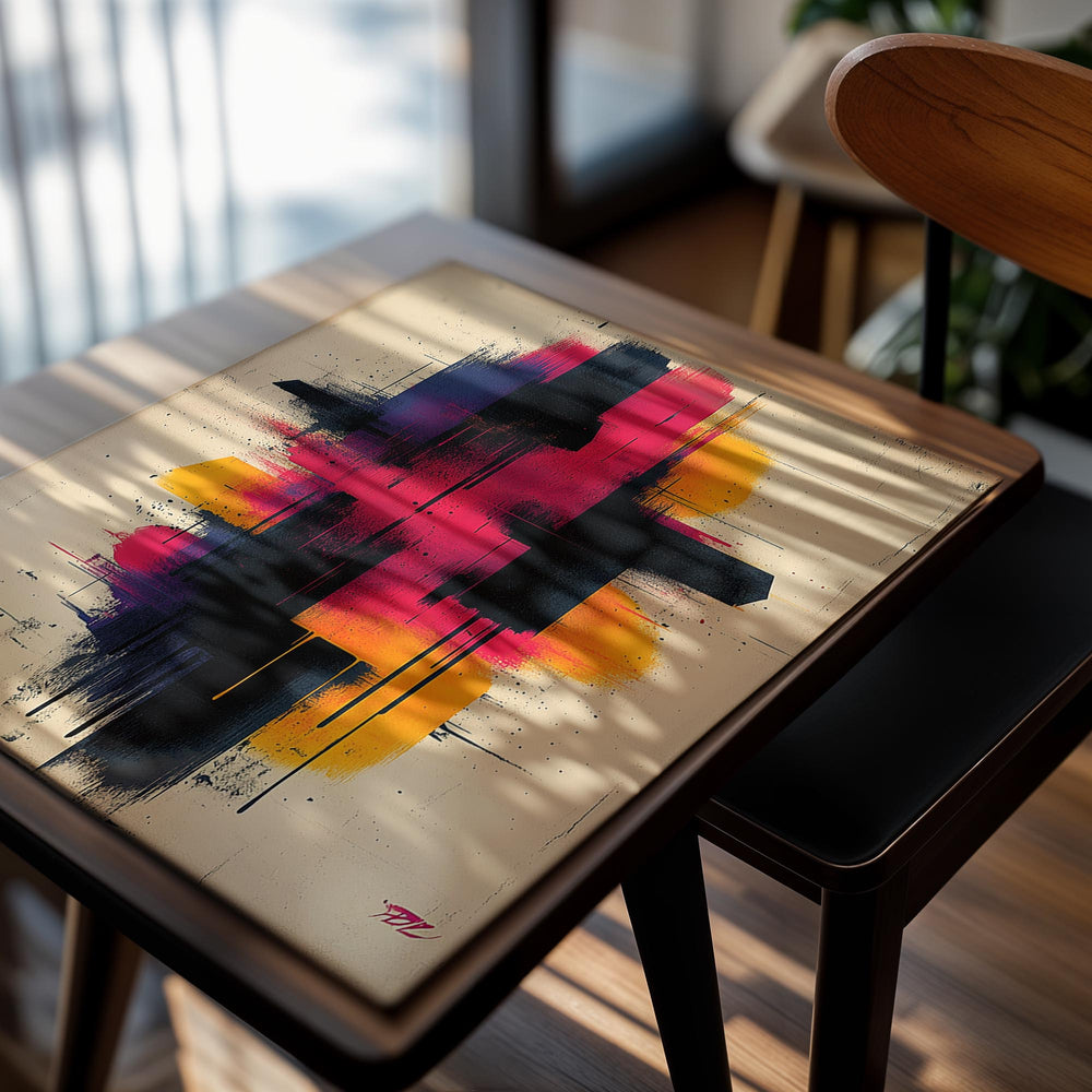 Abstract art print with colorful splashes on a beige background, as a premium aluminum metal print from GoMetalPrint.
