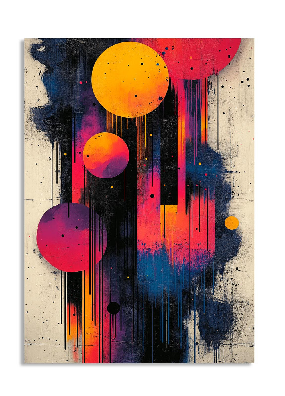 Abstract art print with colorful circles and splashes on a textured background, as a premium aluminum metal print from GoMetalPrint.
