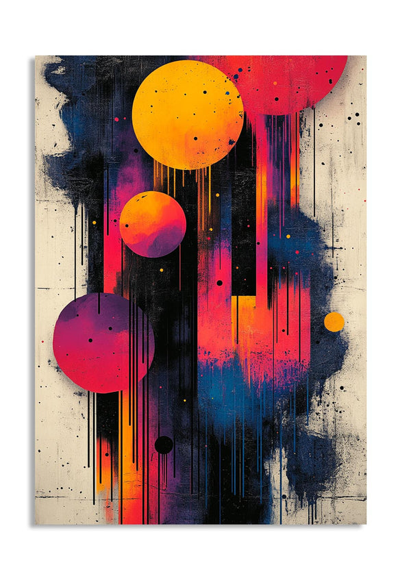 Abstract art print with colorful circles and splashes on a textured background, as a premium aluminum metal print from GoMetalPrint.
