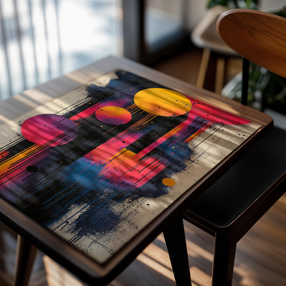 Abstract art print with colorful circles and splashes on a textured background, as a premium aluminum metal print from GoMetalPrint.
