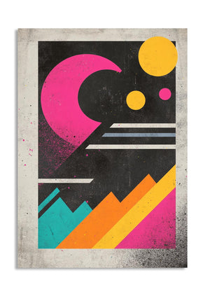 Geometric abstract design with colorful shapes on a textured background, as a premium aluminum metal print from GoMetalPrint.
