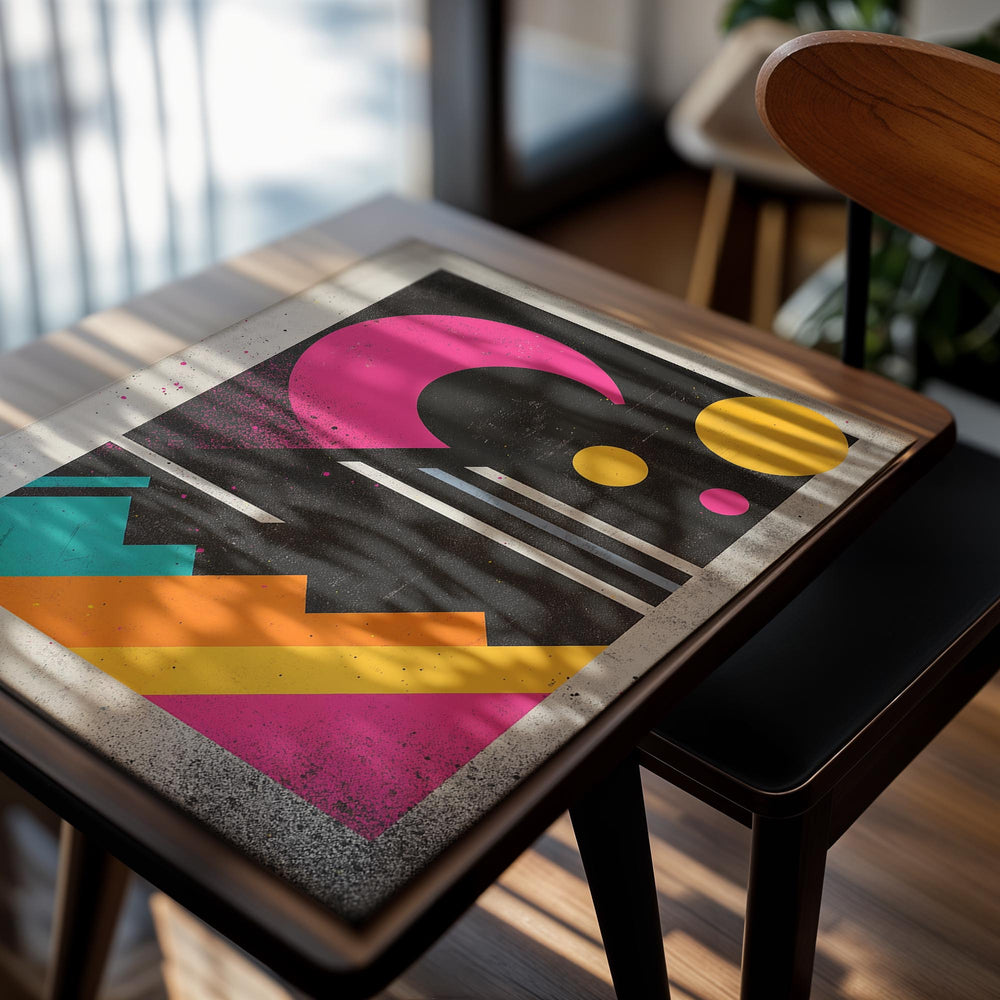 Geometric abstract design with colorful shapes on a textured background, as a premium aluminum metal print from GoMetalPrint.
