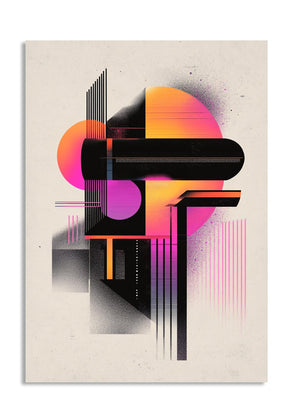 Abstract art piece with geometric shapes and vibrant colors on a beige background , as a premium aluminum metal print from GoMetalPrint.
