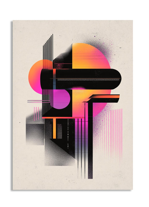 Abstract art piece with geometric shapes and vibrant colors on a beige background , as a premium aluminum metal print from GoMetalPrint.
