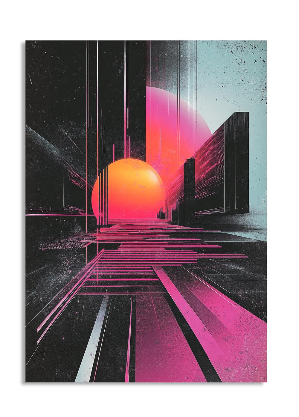 Futuristic cityscape with a sun-like object in the center, surrounded by pink and purple hues, as a premium aluminum metal print from GoMetalPrint.
