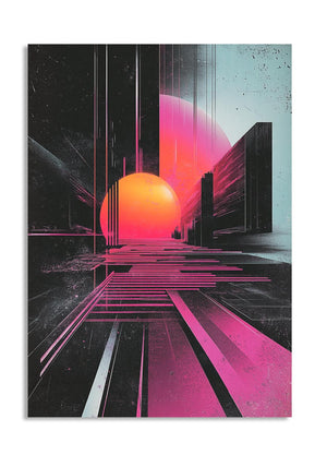 Futuristic cityscape with a sun-like object in the center, surrounded by pink and purple hues, as a premium aluminum metal print from GoMetalPrint.
