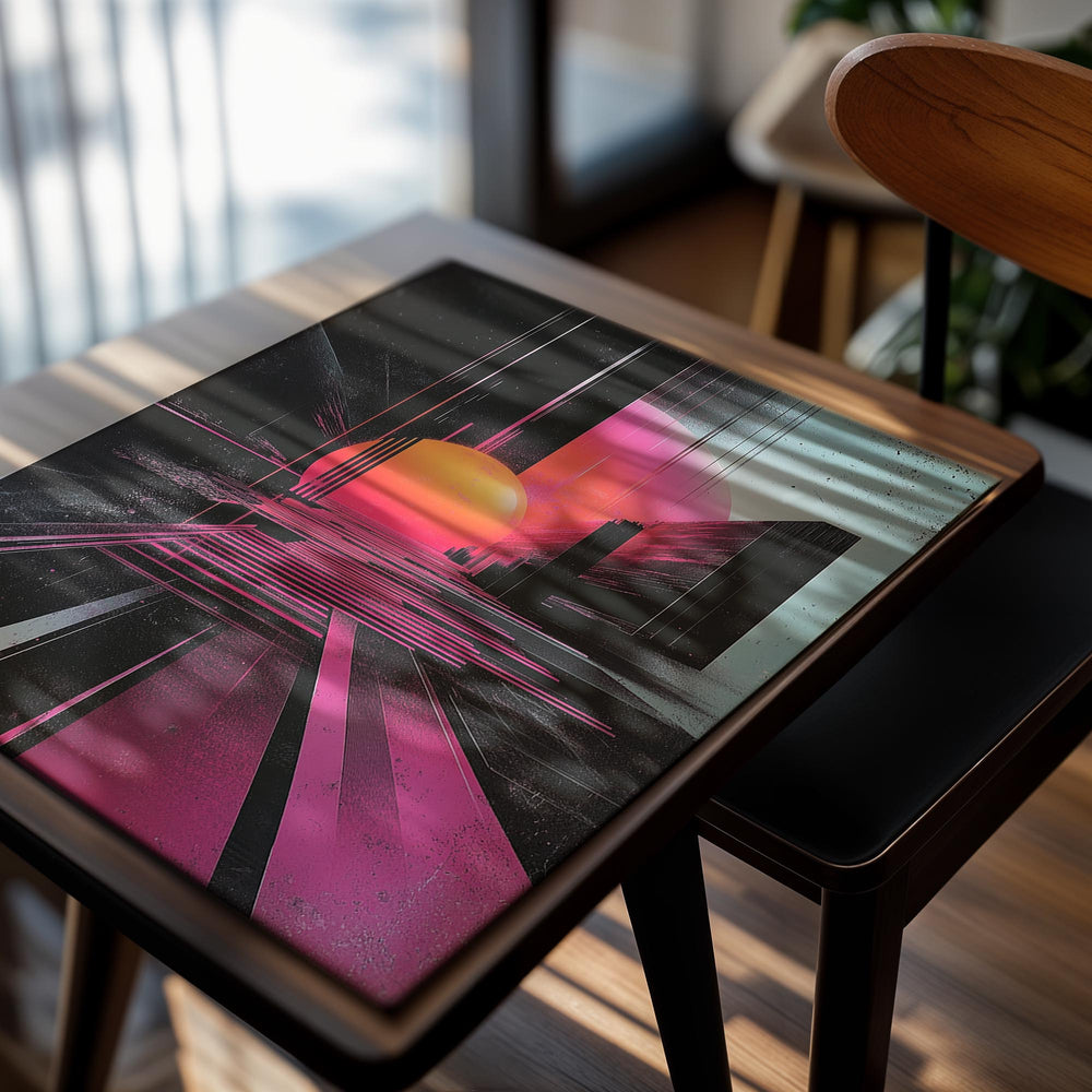 Futuristic cityscape with a sun-like object in the center, surrounded by pink and purple hues, as a premium aluminum metal print from GoMetalPrint.
