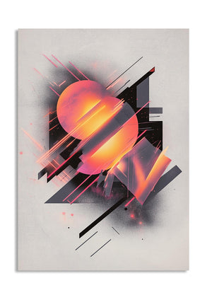 Abstract art piece with a glowing orange sphere and geometric shapes on a light gray background, as a premium aluminum metal print from GoMetalPrint.
