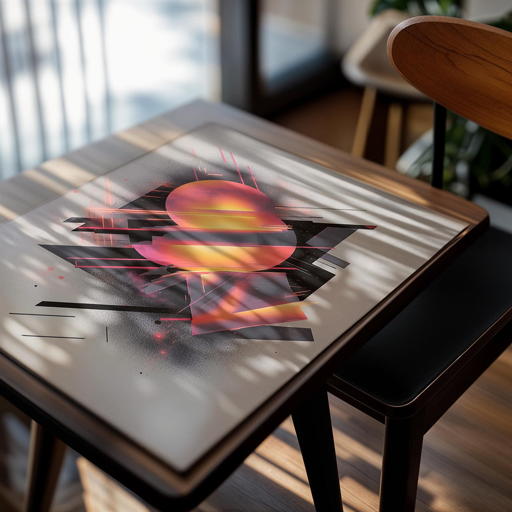 Abstract art piece with a glowing orange sphere and geometric shapes on a light gray background, as a premium aluminum metal print from GoMetalPrint.
