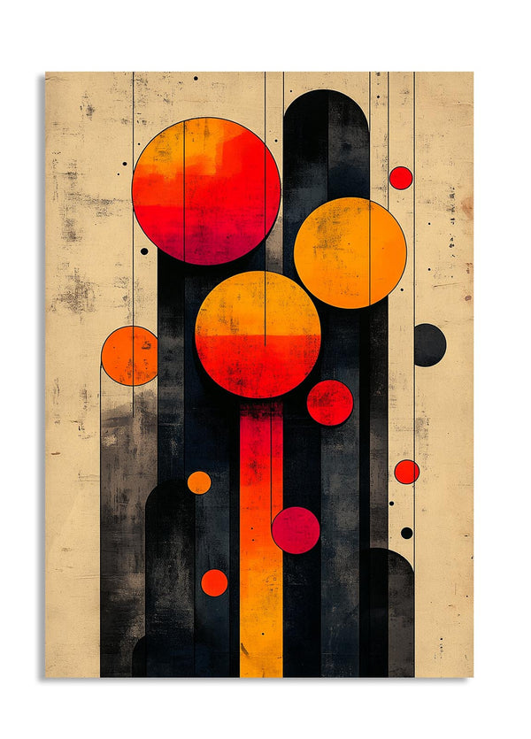 Abstract art piece with colorful circles on a wooden panel background, as a premium aluminum metal print from GoMetalPrint.
