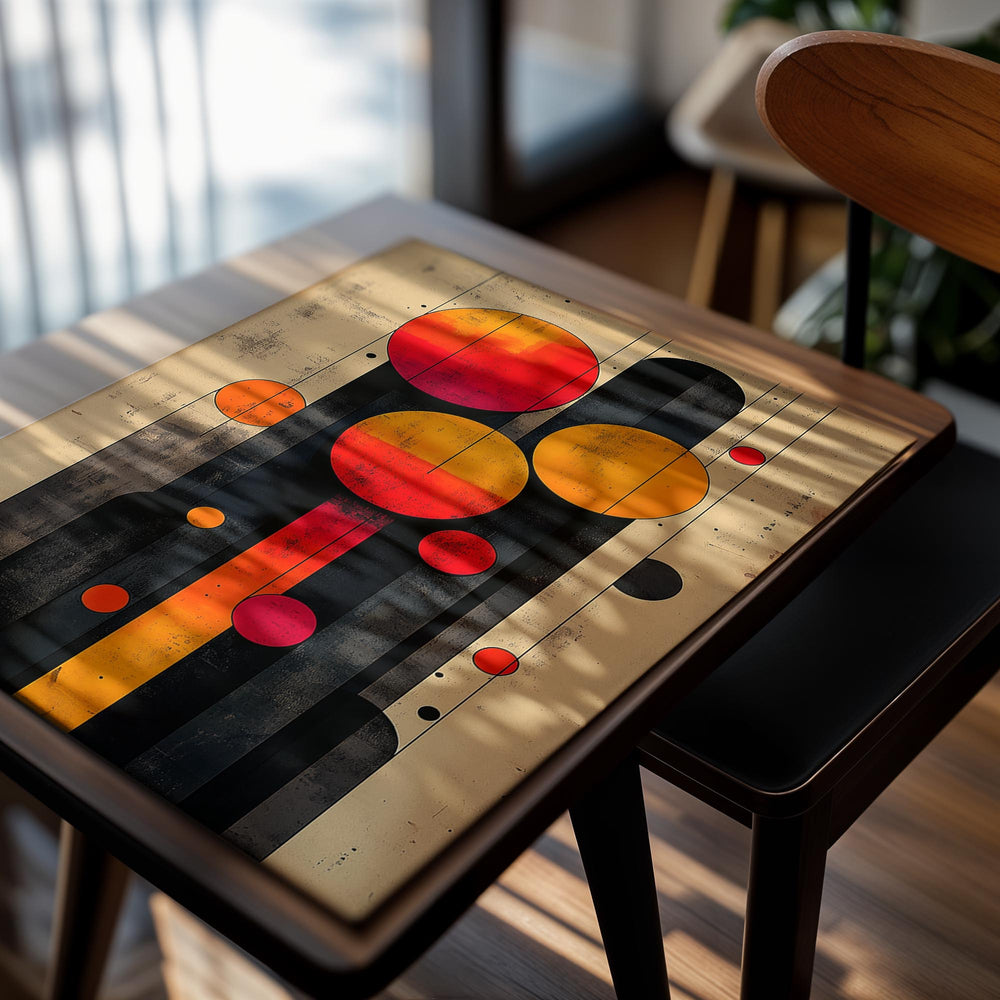 Abstract art piece with colorful circles on a wooden panel background, as a premium aluminum metal print from GoMetalPrint.
