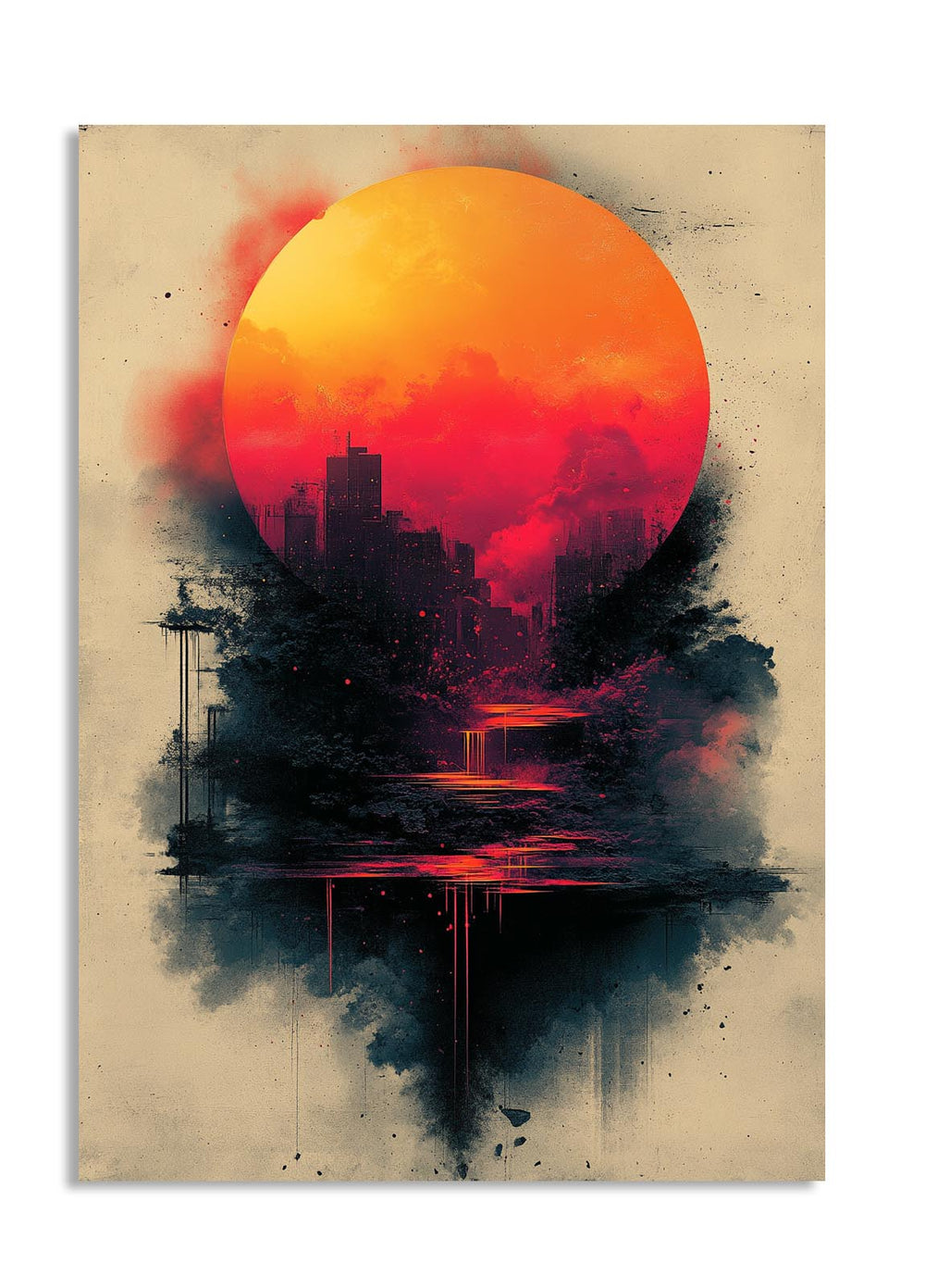 Artistic depiction of a cityscape with a large orange sun in the sky, as a premium aluminum metal print from GoMetalPrint.
