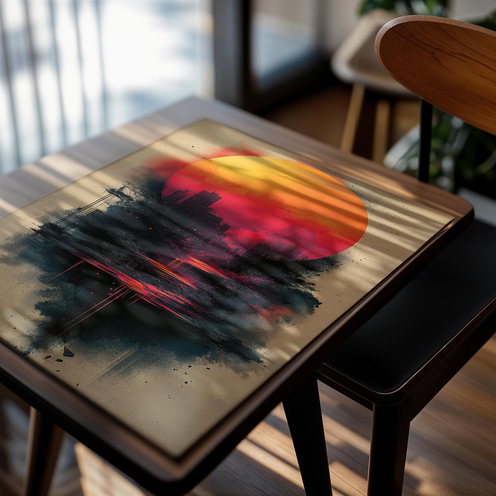 Artistic depiction of a cityscape with a large orange sun in the sky, as a premium aluminum metal print from GoMetalPrint.
