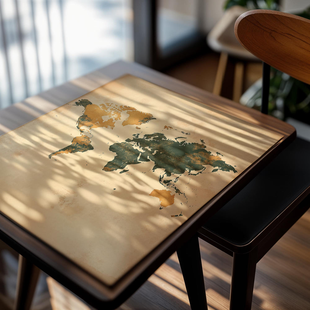 World map poster with a vintage design on a beige background, as a premium aluminum metal print from GoMetalPrint.
