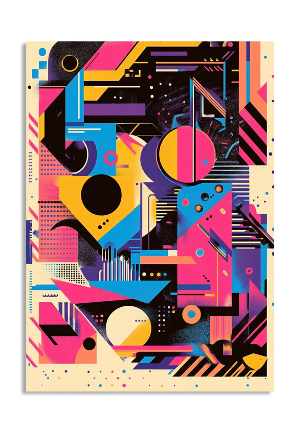 Geometric abstract design with vibrant colors on a beige background, as a premium aluminum metal print from GoMetalPrint.
