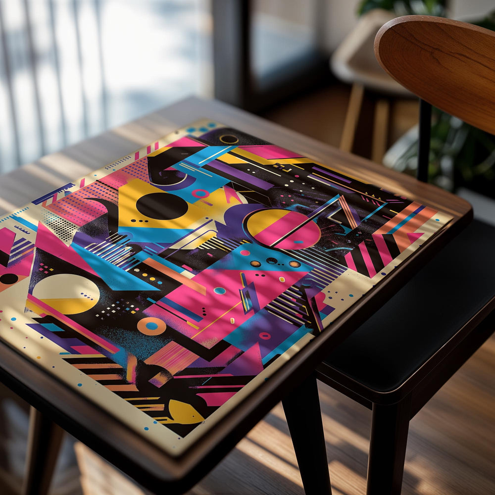 Geometric abstract design with vibrant colors on a beige background, as a premium aluminum metal print from GoMetalPrint.

