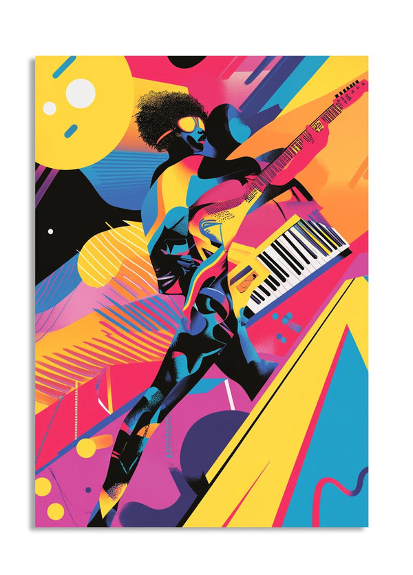 Colorful abstract poster with a musician playing guitar and keyboard, as a premium aluminum metal print from GoMetalPrint.
